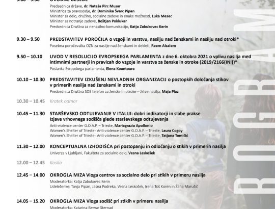 Na fotografiji je program in urnik druge nacionalne konference "Starševstvo in stiki v primeru nasilja v družini", 24. 11. 2023 v Brdu pri Kranju.