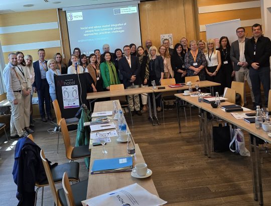 Skupinska fotografija udeležencev mednarodne konference, posneta v konferenčni sobi. Med mednarodnimi udeleženci so vidni tudi nekateri zaposleni na IRSSV. Na plakatih lahko vidimo: "NOVA" in "M hotel", na projekciji v ozadju pa piše v angleščini: "Social nad labour market integration of people from vulnerable groups: approaches, practices, challenges".