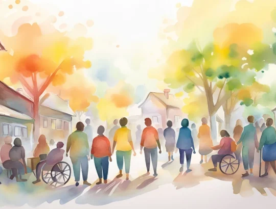 Na dvorišču med hišami je večja skupina ljudi. Nekateri so na vozičkih ali imajo palice. Slika je svetlih, akvarelnih barv.