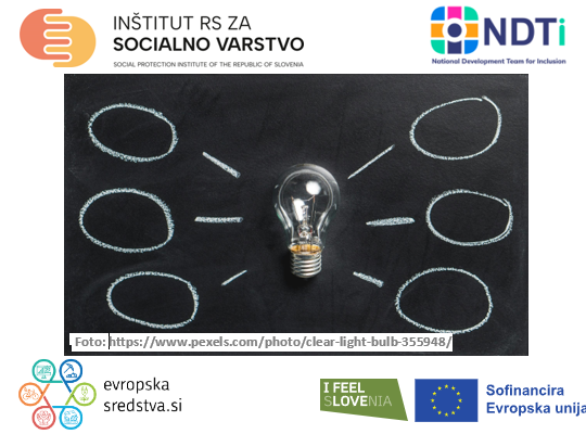 dekorativno - žarnica, iz katere gredo miselna polja. Okoli nje so logotipi IRSSV, NDTi, evropska sredstva.si ter I feel sLOVEnia ter sofinancira Evropska unija.