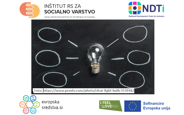 dekorativno - žarnica, iz katere gredo miselna polja. Okoli nje so logotipi IRSSV, NDTi, evropska sredstva.si ter I feel sLOVEnia ter sofinancira Evropska unija.