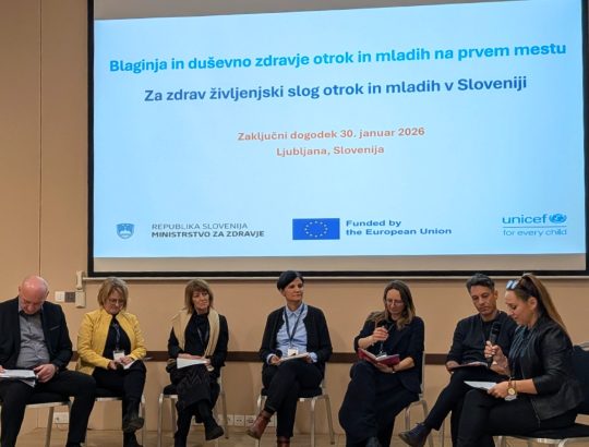 slika iz posveta, udeleženci sedijo na stolih v polkrogu, nad njimi je projekcija predstavitve dogodka